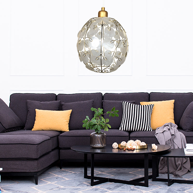 Contemporary Gold-Finish Sphere Shell Pendant Light, 1-Light White Ceiling Fixture