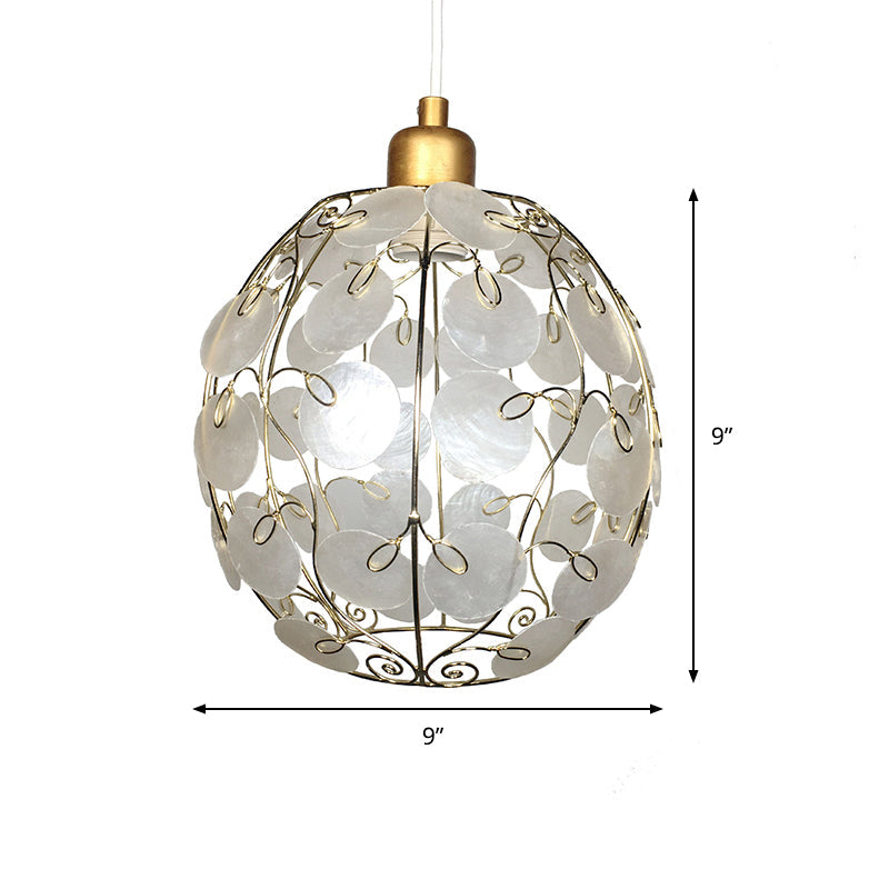 Contemporary Gold-Finish Sphere Shell Pendant Light, 1-Light White Ceiling Fixture