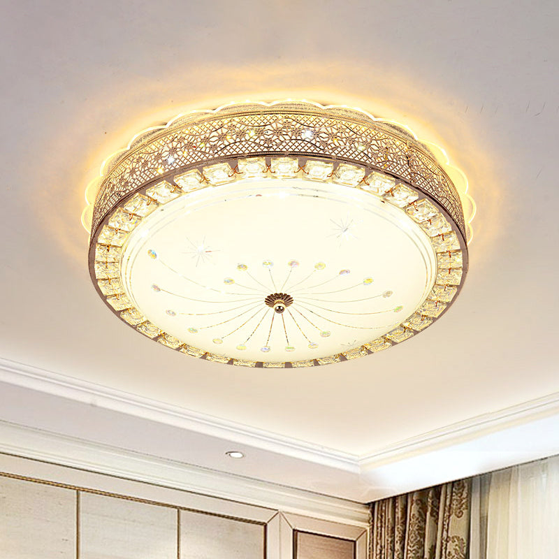 Modern Gold Crystal LED Flush Mount Ceiling Light Fixture - Contemporary Bowl Shape with Beveled Design and Flower/Burst Pattern