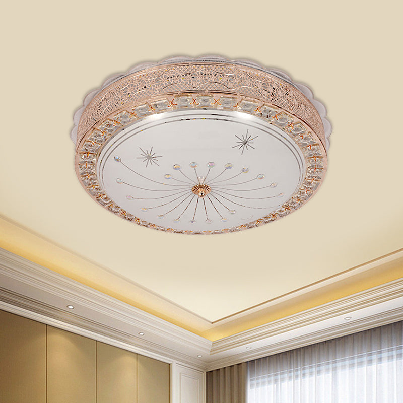 Modern Gold Crystal LED Flush Mount Ceiling Light Fixture - Contemporary Bowl Shape with Beveled Design and Flower/Burst Pattern