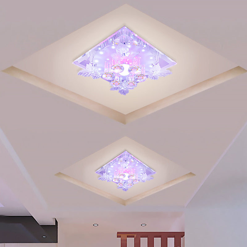 Clear Crystal Led Flush Mount Ceiling Light With Leaf Deco In Warm/White - 7/9.5 Width For Hallways