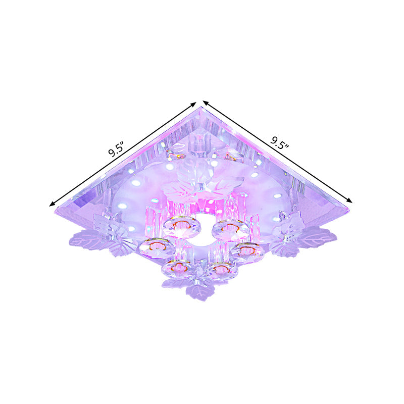 Clear Crystal Led Flush Mount Ceiling Light With Leaf Deco In Warm/White - 7/9.5 Width For Hallways