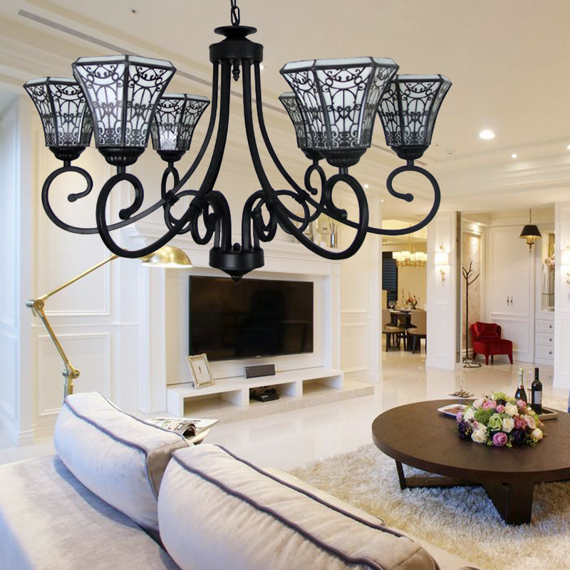 Suspension en verre blanc avec motif de clôture - Lustre de style Lodge (6 lumières) en noir
