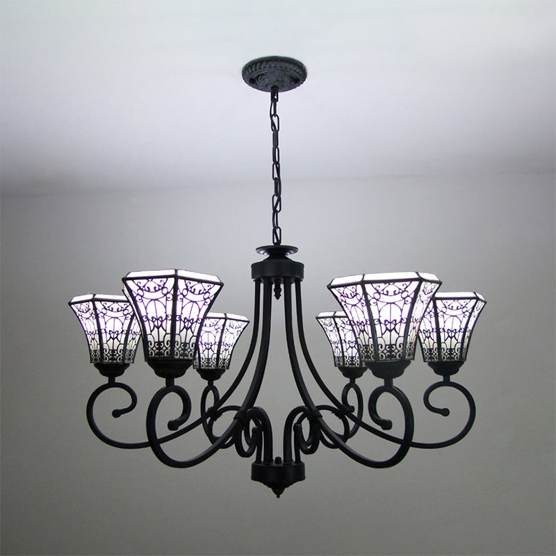 Suspension en verre blanc avec motif de clôture - Lustre de style Lodge (6 lumières) en noir