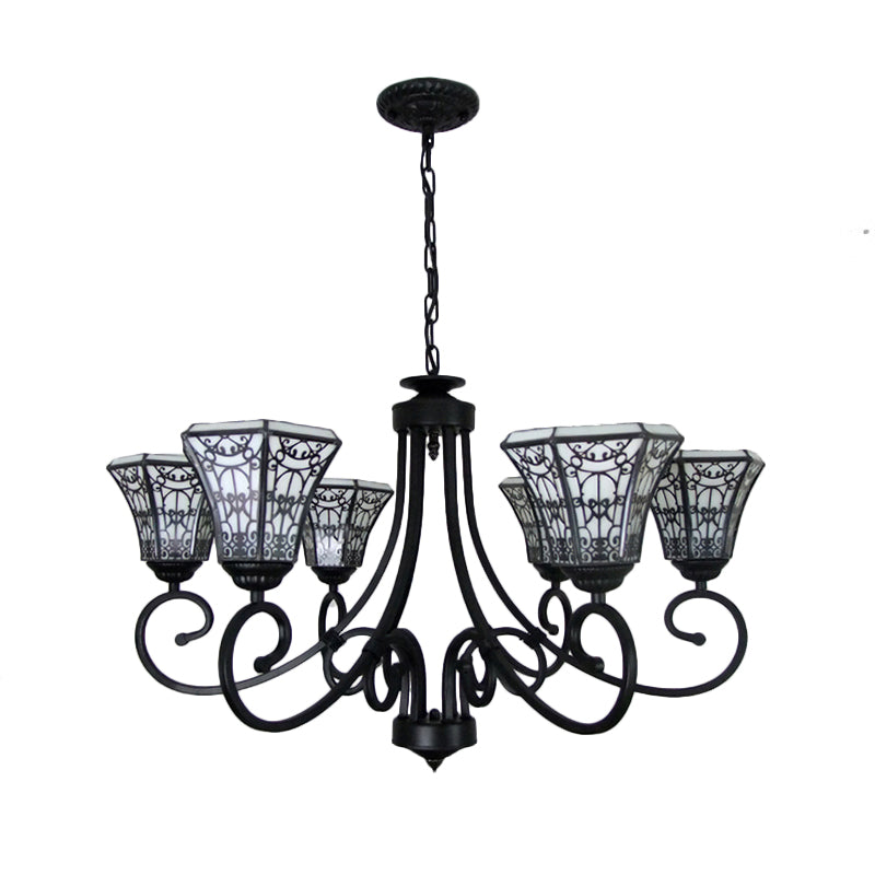 Suspension en verre blanc avec motif de clôture - Lustre de style Lodge (6 lumières) en noir