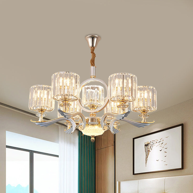 Lustre à tambour en cristal minimaliste – Plafonnier doré pour chambre à coucher (6 ampoules)