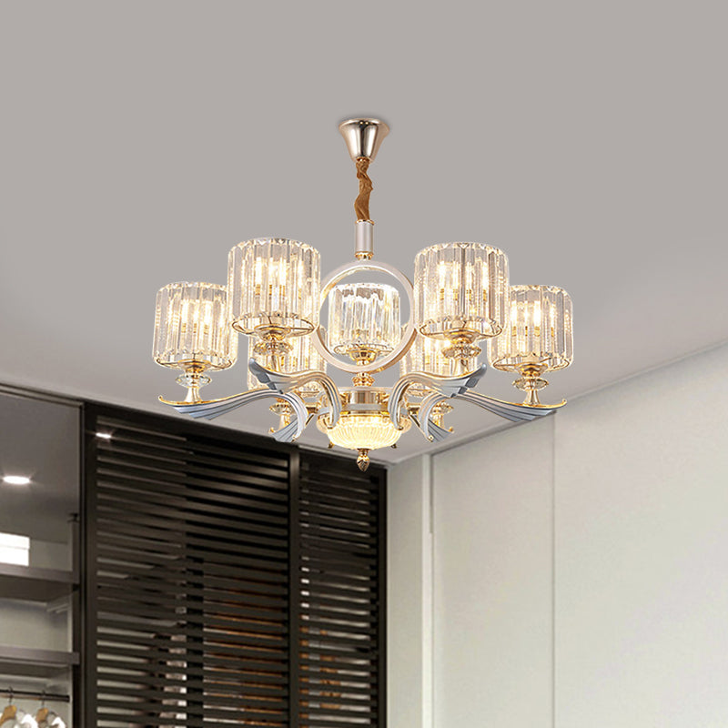 Lustre à tambour en cristal minimaliste – Plafonnier doré pour chambre à coucher (6 ampoules)