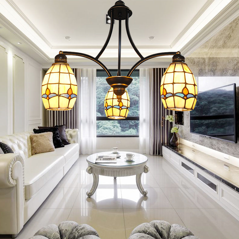 Rustic 3-Light Magnolia Chandelier with Oval Beige Glass Shade