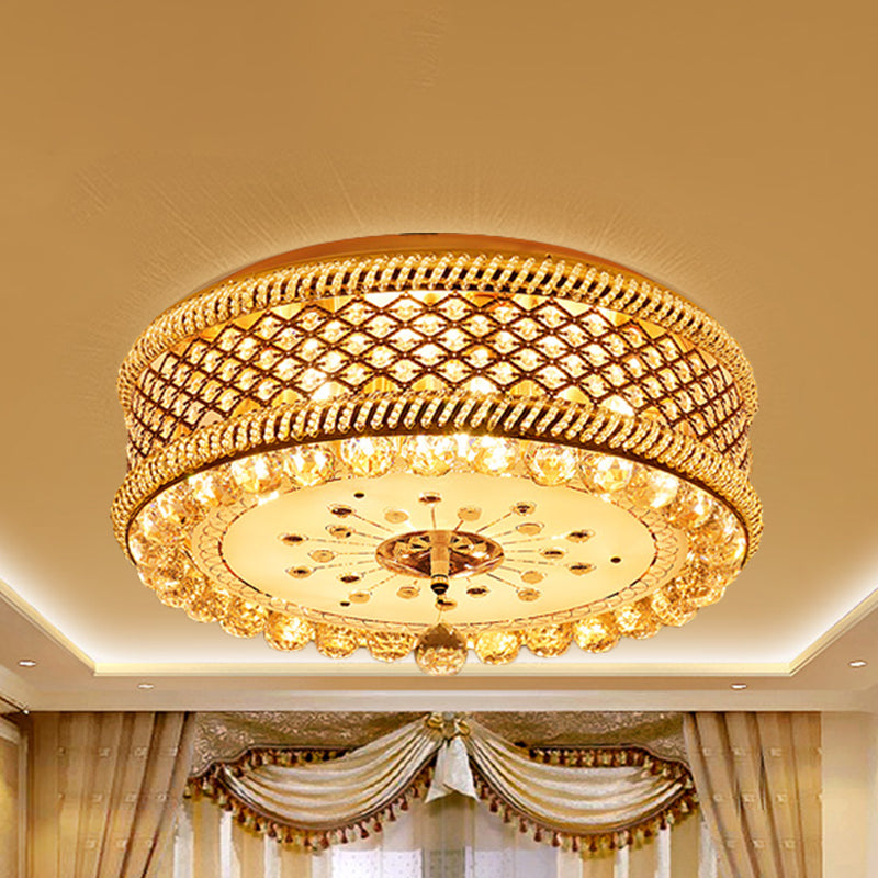 Modern Drum Shade Ceiling Lamp with LED, Gold Finish and Crystal Accents for Living Room