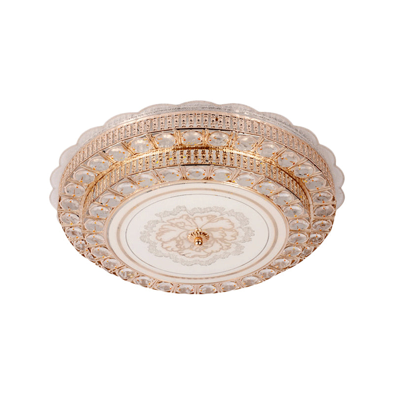 Modernist Gold LED Flush Mount Ceiling Fixture with Beveled Crystal & Flower Pattern