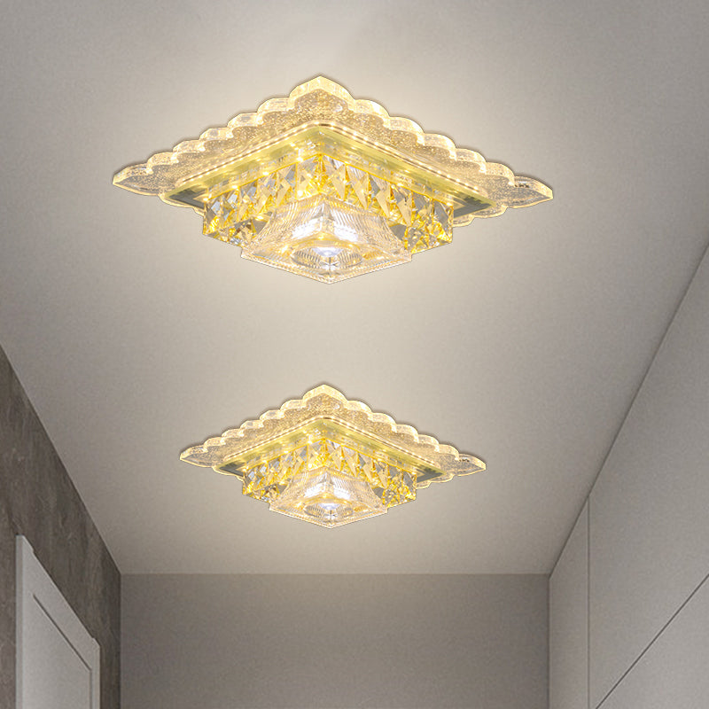 Contemporary Square Crystal LED Ceiling Lamp - Flush Mount Lighting for Corridor - Warm/White Light - Trapezoid Shade