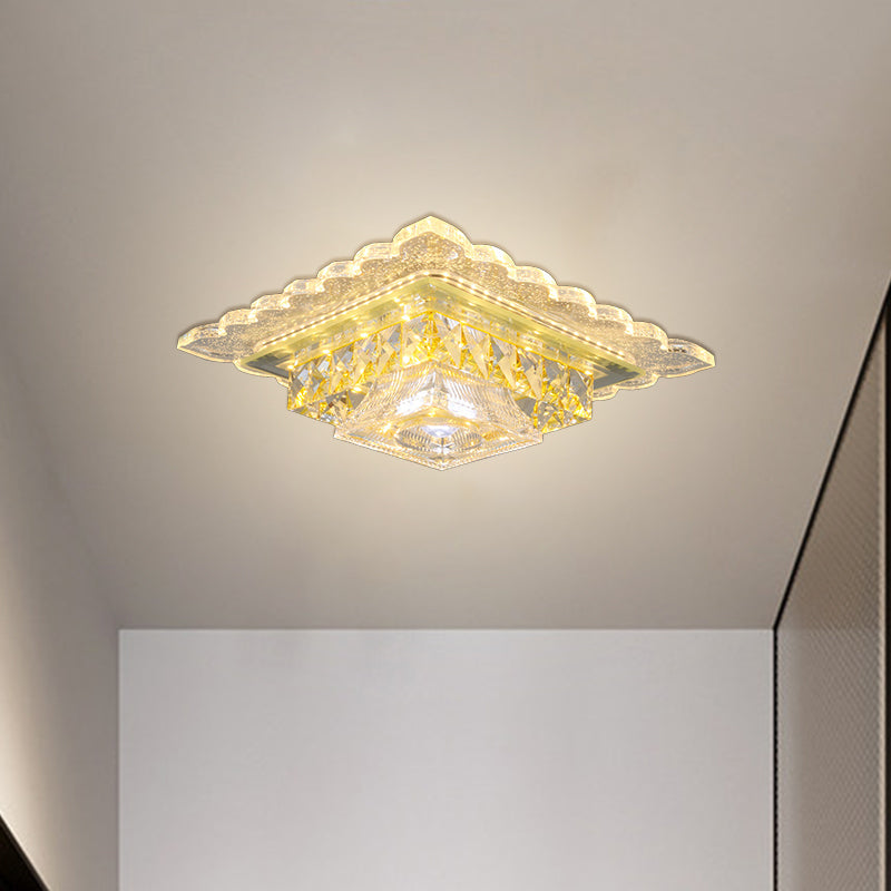 Contemporary Square Crystal LED Ceiling Lamp - Flush Mount Lighting for Corridor - Warm/White Light - Trapezoid Shade