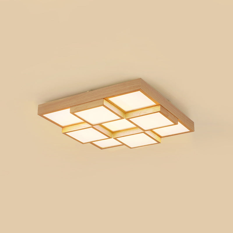 Modern Natural Wood Square Flush Mount Ceiling Light - 4/6/9-Light Led Wooden Fixture In