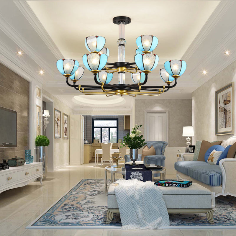 Blue Glass Scalloped Chandelier With Vintage Jewelry Pendant For Living Room