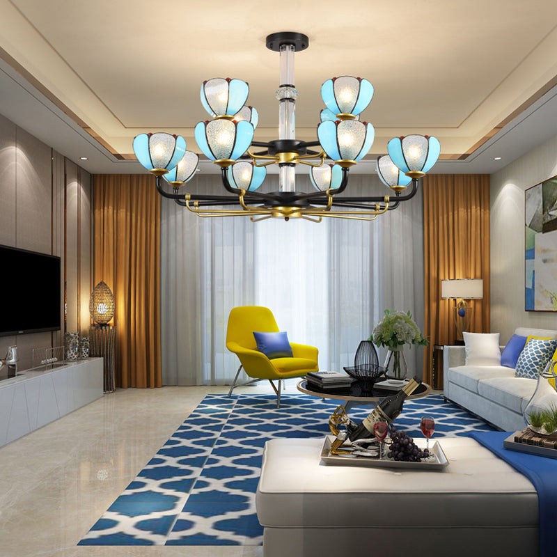 Scalloped Chandelier with Blue Glass and Vintage Pendant Light for Living Room