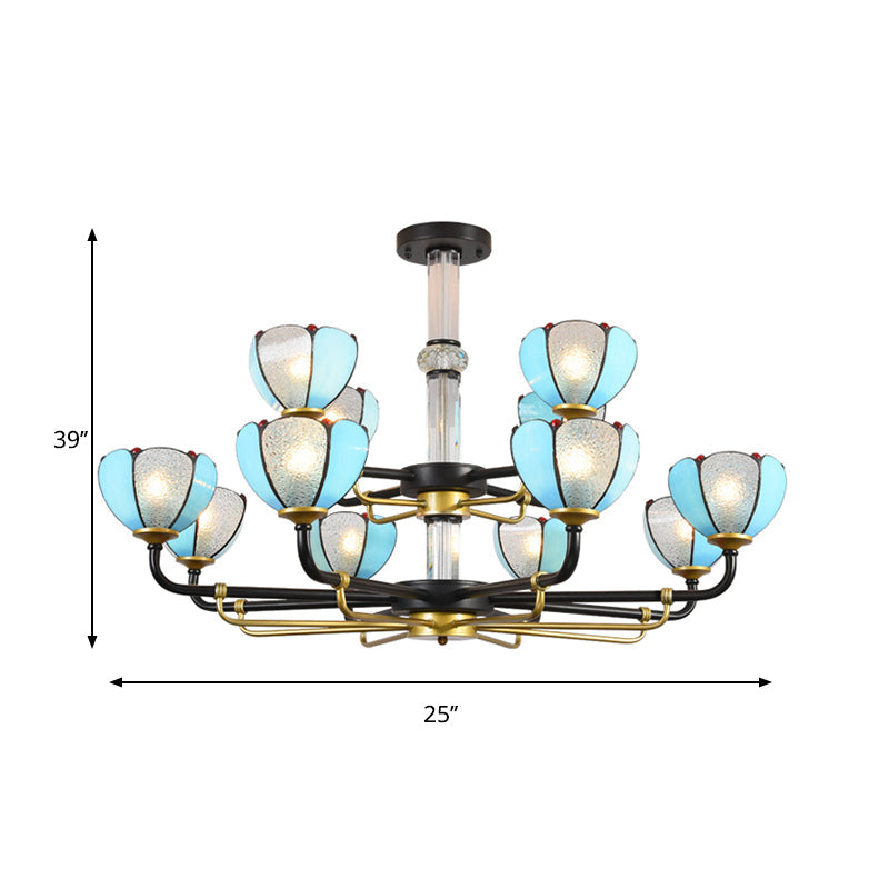 Blue Glass Scalloped Chandelier With Vintage Jewelry Pendant For Living Room