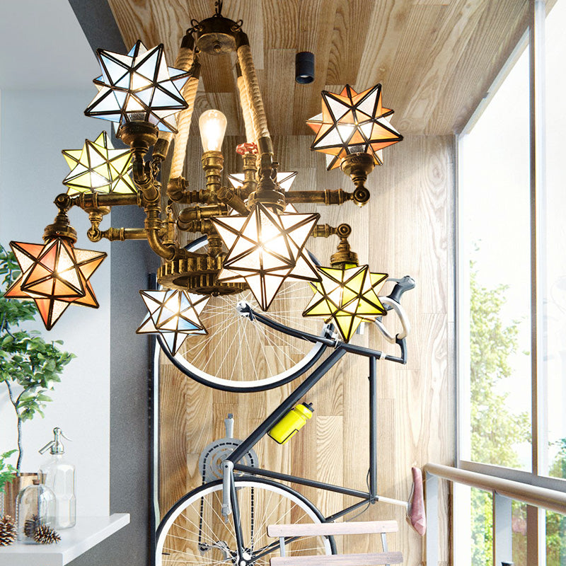 Multi-Light Tiffany Hanging Chandelier with Colorful Glass Stars and Pipes for Store