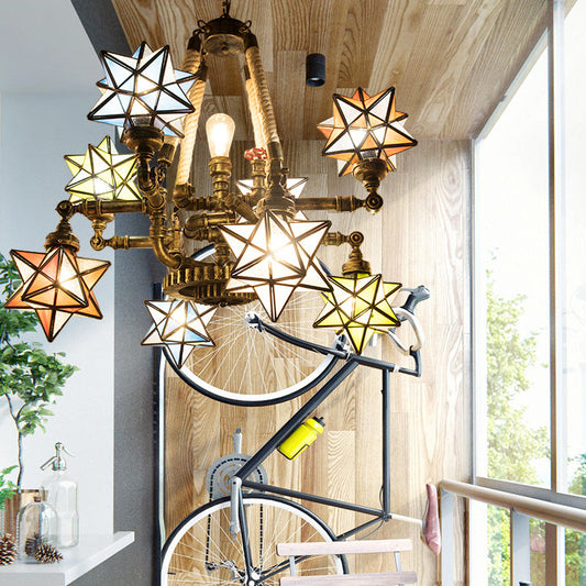 Multi-Light Tiffany Hanging Chandelier with Colorful Glass Stars and Pipes for Store
