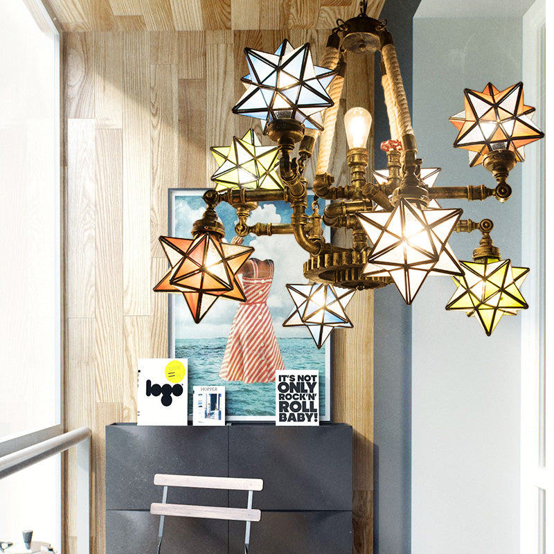 Multi-Light Tiffany Hanging Chandelier with Colorful Glass Stars and Pipes for Store