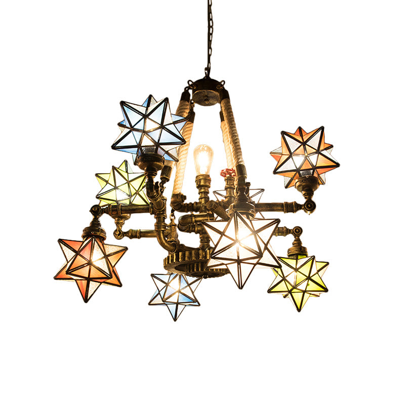 Multi-Light Tiffany Hanging Chandelier with Colorful Glass Stars and Pipes for Store
