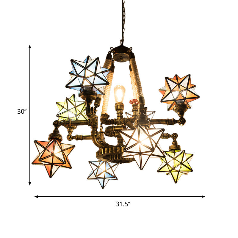 Colorful Glass Star Hanging Lamp With Pipe And Gear Design - Tiffany Ceiling Chandelier For Stores