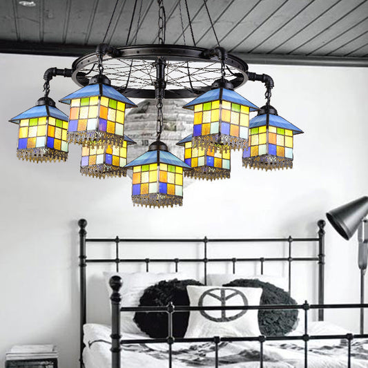 7-Light Lodge Chandelier with Colorful Glass Shades and Black Wheel for Library