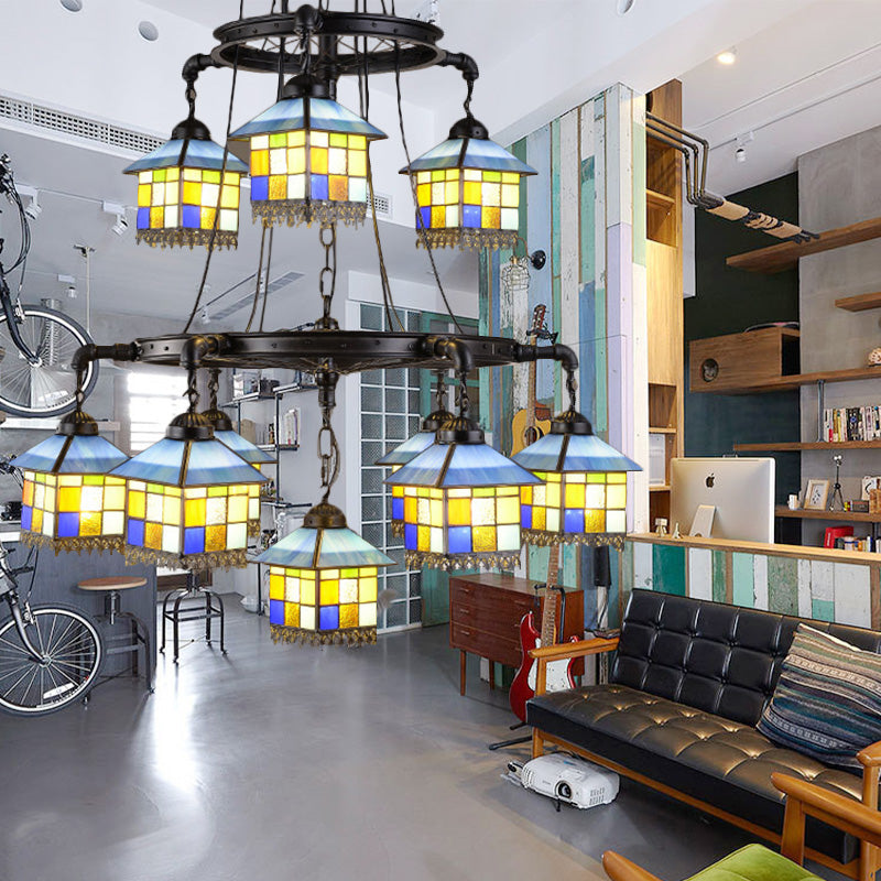 Lustre à 2 niveaux en vitrail noir pour salons de style Lodge