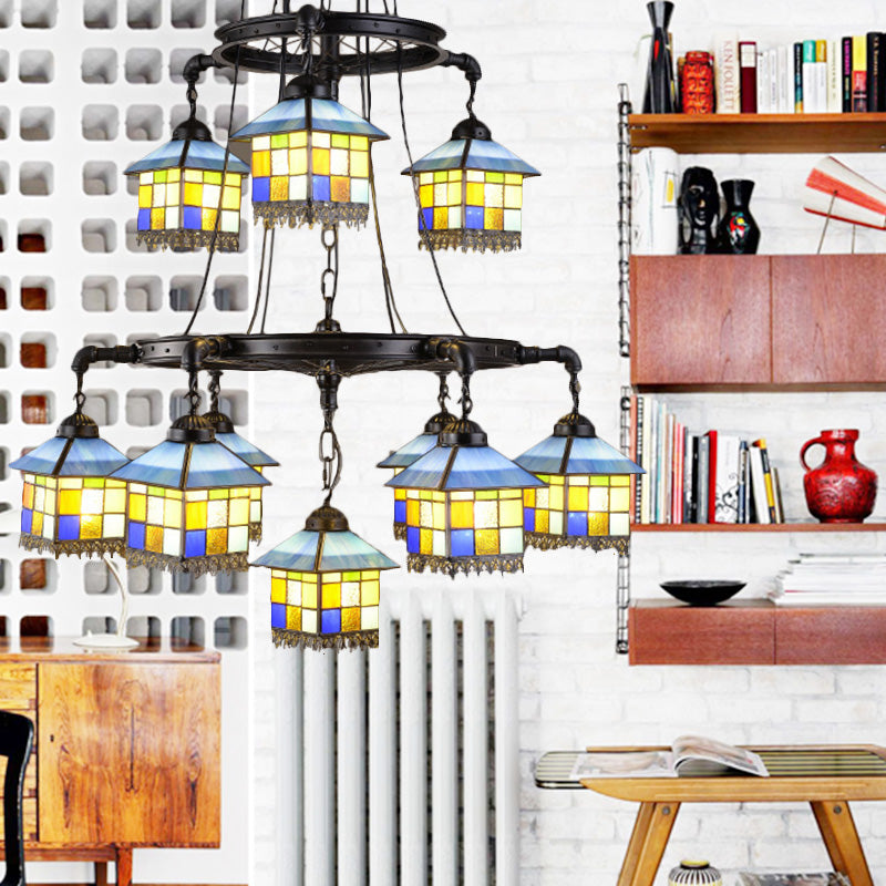 Lustre à 2 niveaux en vitrail noir pour salons de style Lodge