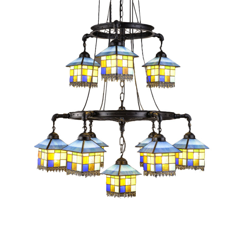 Lustre à 2 niveaux en vitrail noir pour salons de style Lodge