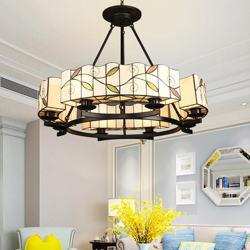 Tiffany Lodge Pendant Light - Stained Glass Drum Chandelier with Leaf Accent, Adjustable Hanging in White