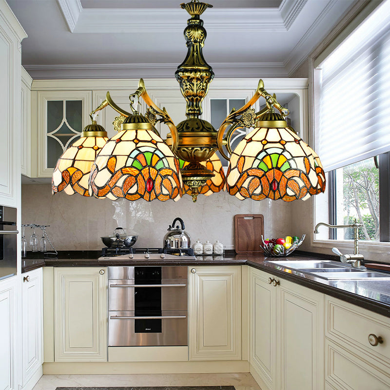 Lustre en forme de dôme en vitrail victorien - Éclairage intérieur à 5 lumières pour table à manger