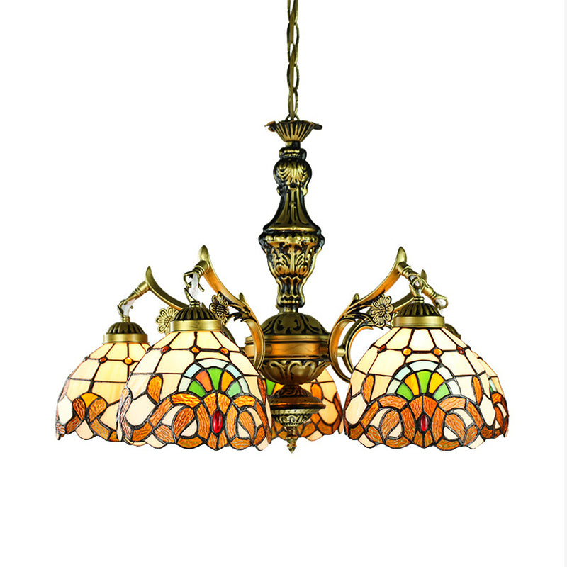Lustre en forme de dôme en vitrail victorien - Éclairage intérieur à 5 lumières pour table à manger