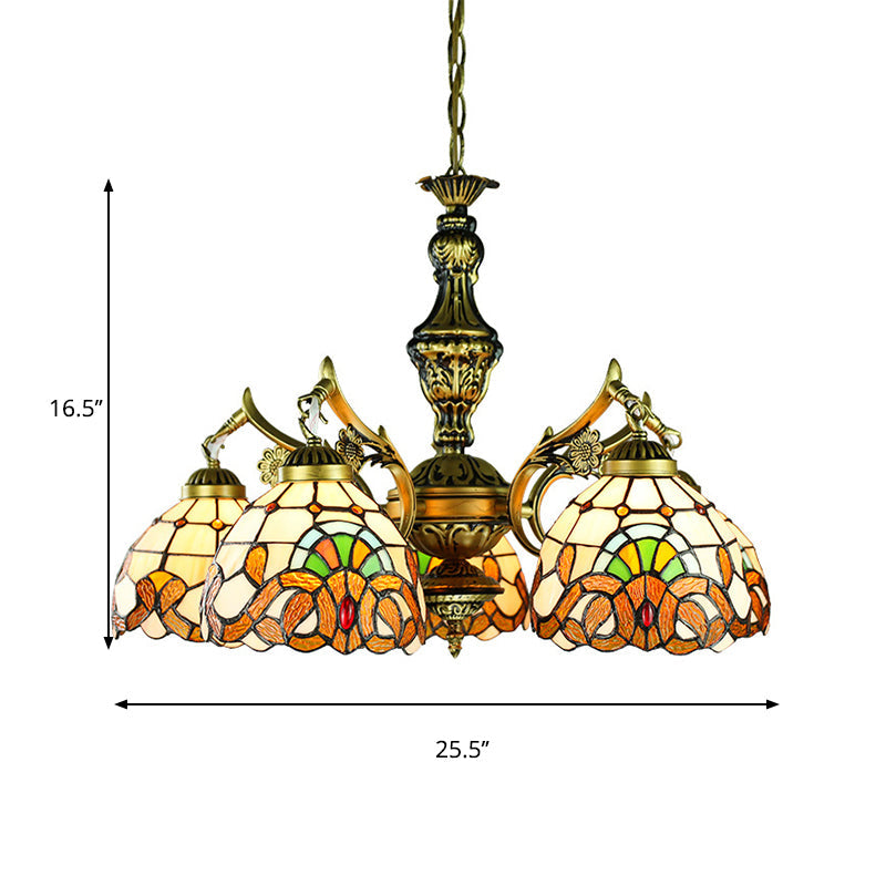 Lustre en forme de dôme en vitrail victorien - Éclairage intérieur à 5 lumières pour table à manger