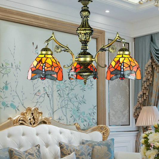 Dragonfly Stained Glass Chandelier with 3 Pendant Lights for Dining Room