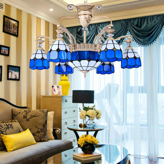 Lustre en verre teinté bleu avec motif de grille Tiffany et 9 lumières