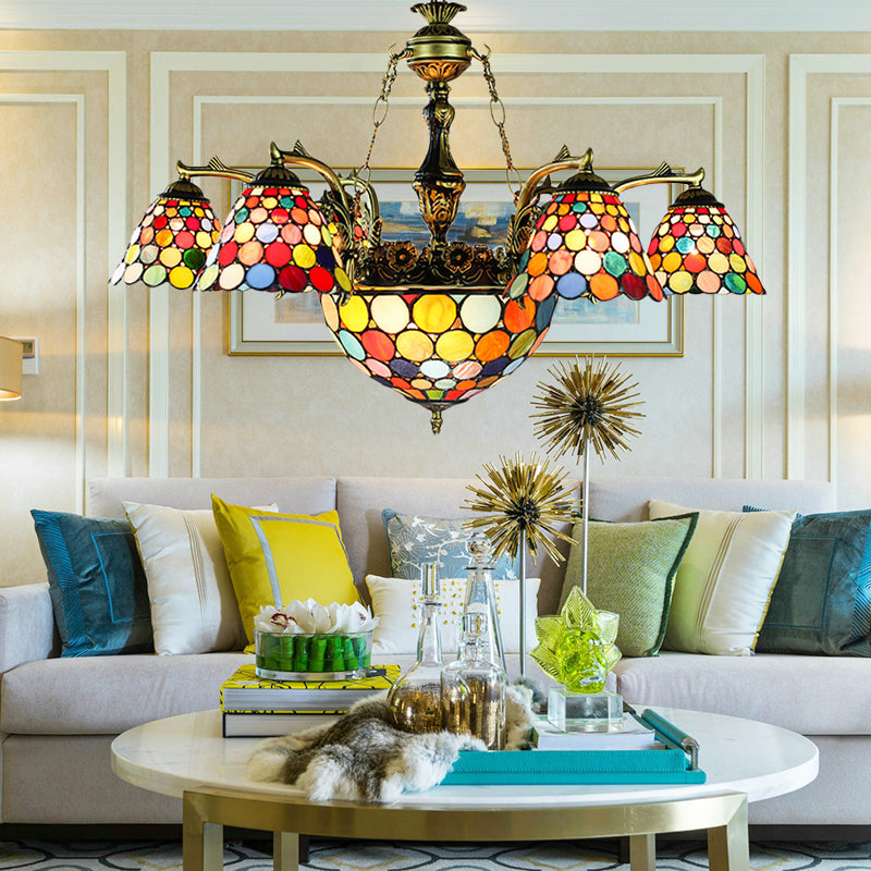 Antique Bronze Tiffany 11-Light Flared Chandelier with Stained Glass Geometric/Dragonfly/Sunflower Pattern