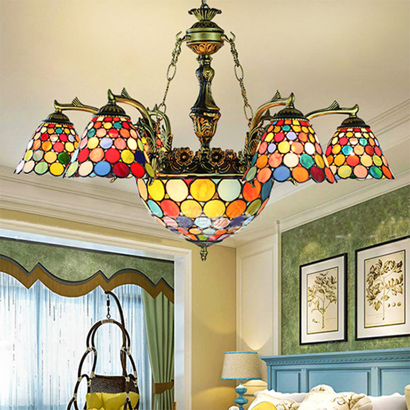 Antique Bronze Tiffany 11-Light Flared Chandelier with Stained Glass Geometric/Dragonfly/Sunflower Pattern