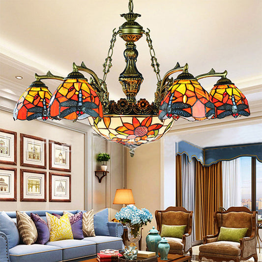 Antique Bronze Tiffany 11-Light Flared Chandelier with Stained Glass Geometric/Dragonfly/Sunflower Pattern