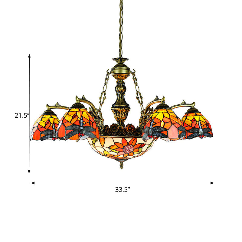 Antique Bronze Tiffany 11-Light Flared Chandelier with Stained Glass Geometric/Dragonfly/Sunflower Pattern