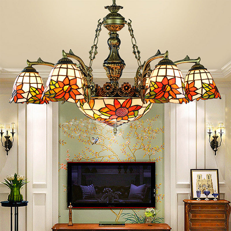 Antique Bronze Tiffany 11-Light Flared Chandelier with Stained Glass Geometric/Dragonfly/Sunflower Pattern