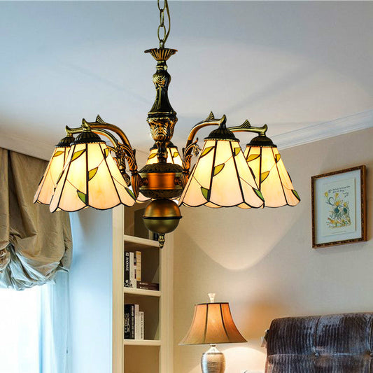 Lustre rustique beige avec bras courbés, verre feuilleté et 5 lampes suspendues sur chaîne suspendue