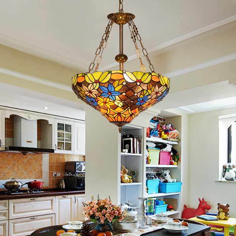Antique Brass Stained Glass Tiffany Lodge Ceiling Chandelier with Floral Hanging Light Fixture - 3 Bulbs