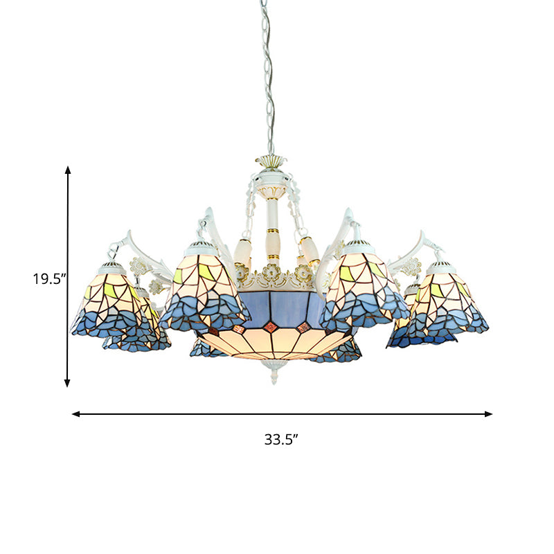 Tiffany Stained Glass Hanging Chandelier - 11 Light Pendant Ceiling Light with Flower/Square/Diamond/Gem Pattern - White