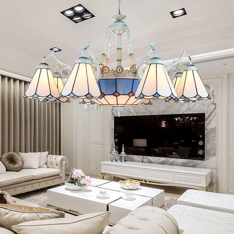 Tiffany Stained Glass Hanging Chandelier - 11 Light Pendant Ceiling Light with Flower/Square/Diamond/Gem Pattern - White