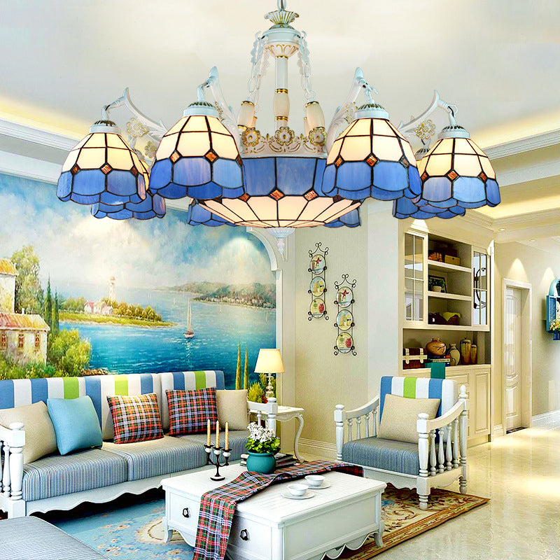 Tiffany Stained Glass Hanging Chandelier - 11 Light Pendant Ceiling Light with Flower/Square/Diamond/Gem Pattern - White