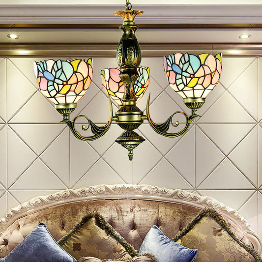 Lustre suspendu rustique en vitrail avec abat-jour en forme de bol multicolore et 3 lumières