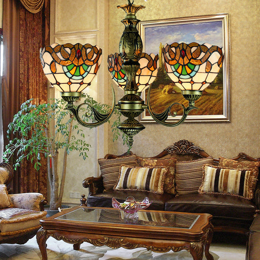 Victorian Stained Glass Chandelier - Elegant 3-Light Pendant for Dining Room
