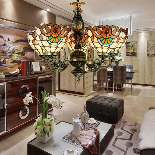 Lustre suspendu à 5 lumières en vitrail victorien avec réglage de la hauteur