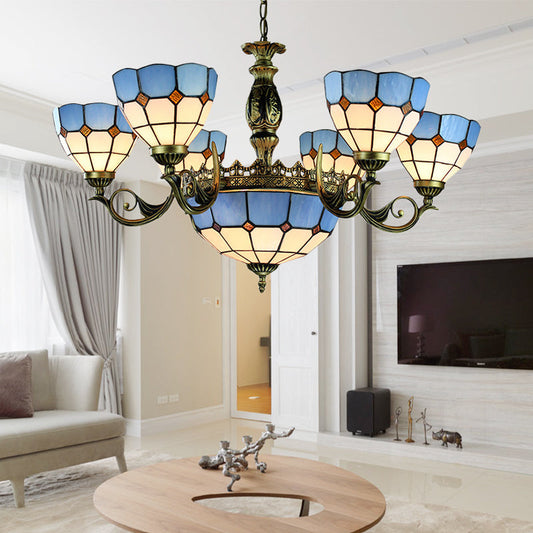 Lustre en forme de dôme en verre teinté nautique avec lumières suspendues bleues pour le plafond du salon