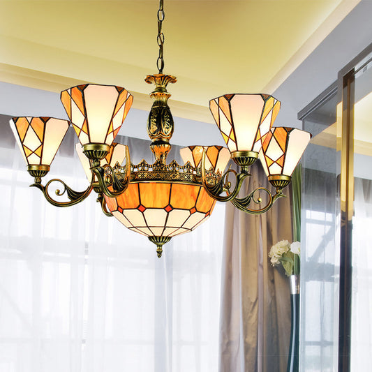 Lustre suspendu en verre teinté jaune de style Tiffany pour chambre à coucher - Plafonnier à 9 lumières